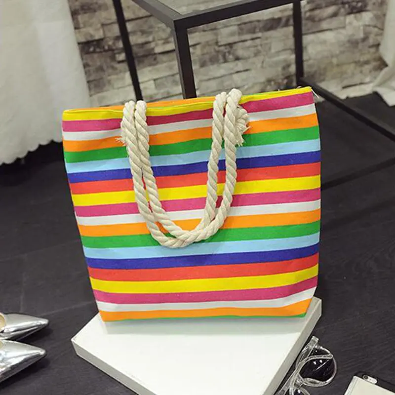 Новый Досуг Холст Shopper Bag Полосатый Печать Пляжные Сумки Tote Женщины Дамы сумка