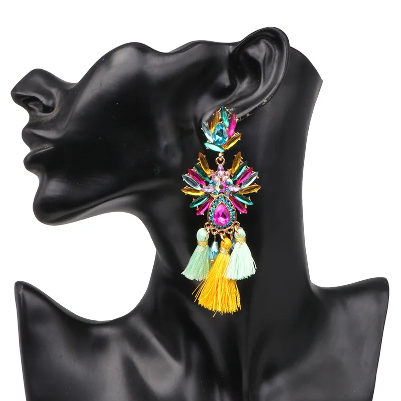 Brand Boho Tassel Fringed Earrings for Women Trendy Wedding Vintage Geometric Colorful Crystal Drop Earrings Statement Jewelry