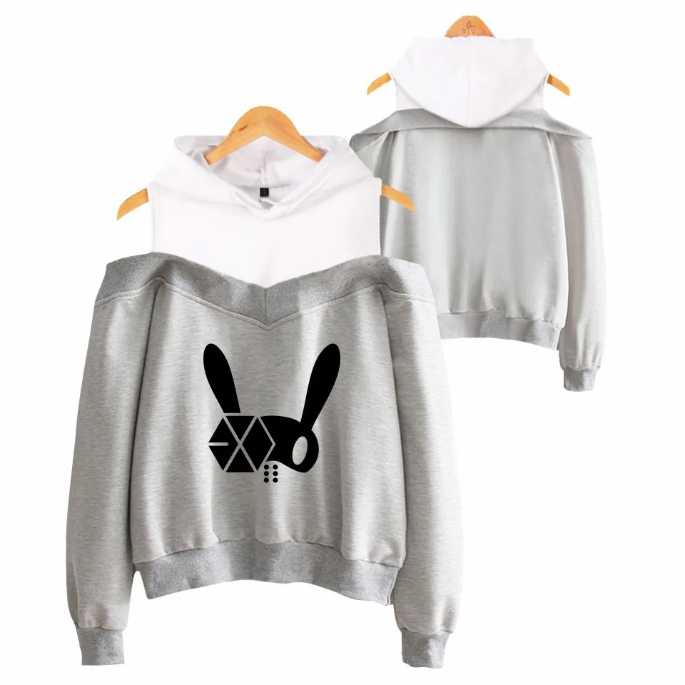 Толстовки с открытыми плечами EXO Kpop свитшоты Женский пикантный свитшот длинным