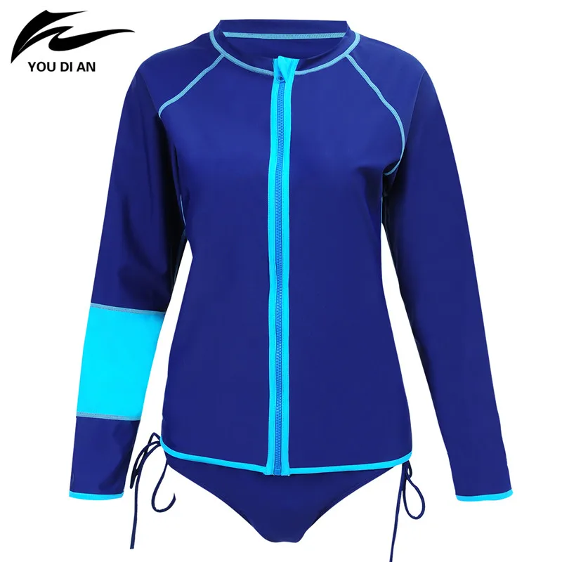2017 New Zipper Female Long Sleeved Round Collar Swimsuits Black Blue Match Color Two-Piece Set Swimwear Beach Wear For Women | Спорт и