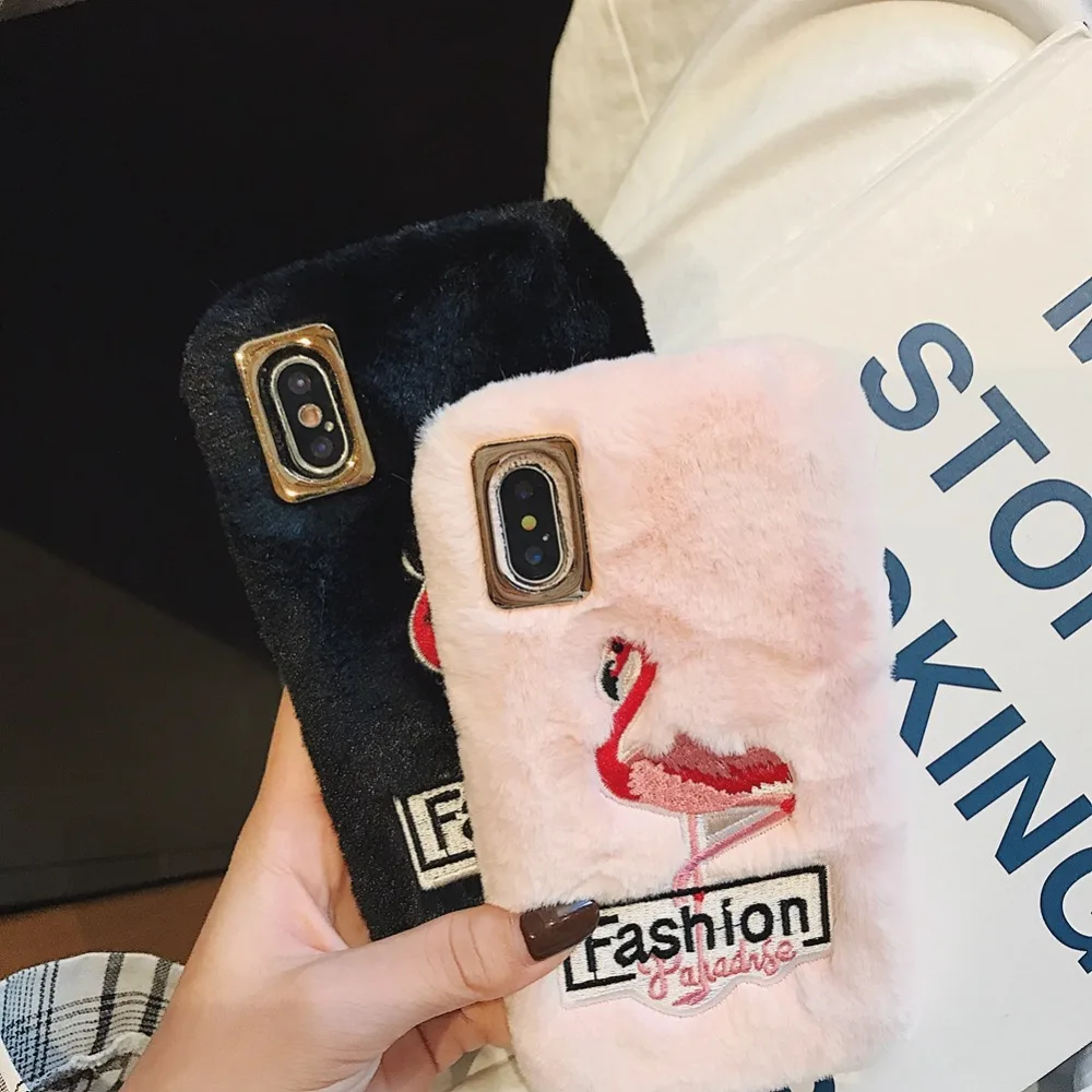 Чехол для iPhone XR/XS Max/X/8/8 плюс/7/plus/6/6s/6 plus/6s плюс кролик волос Фламинго Вышивка милые