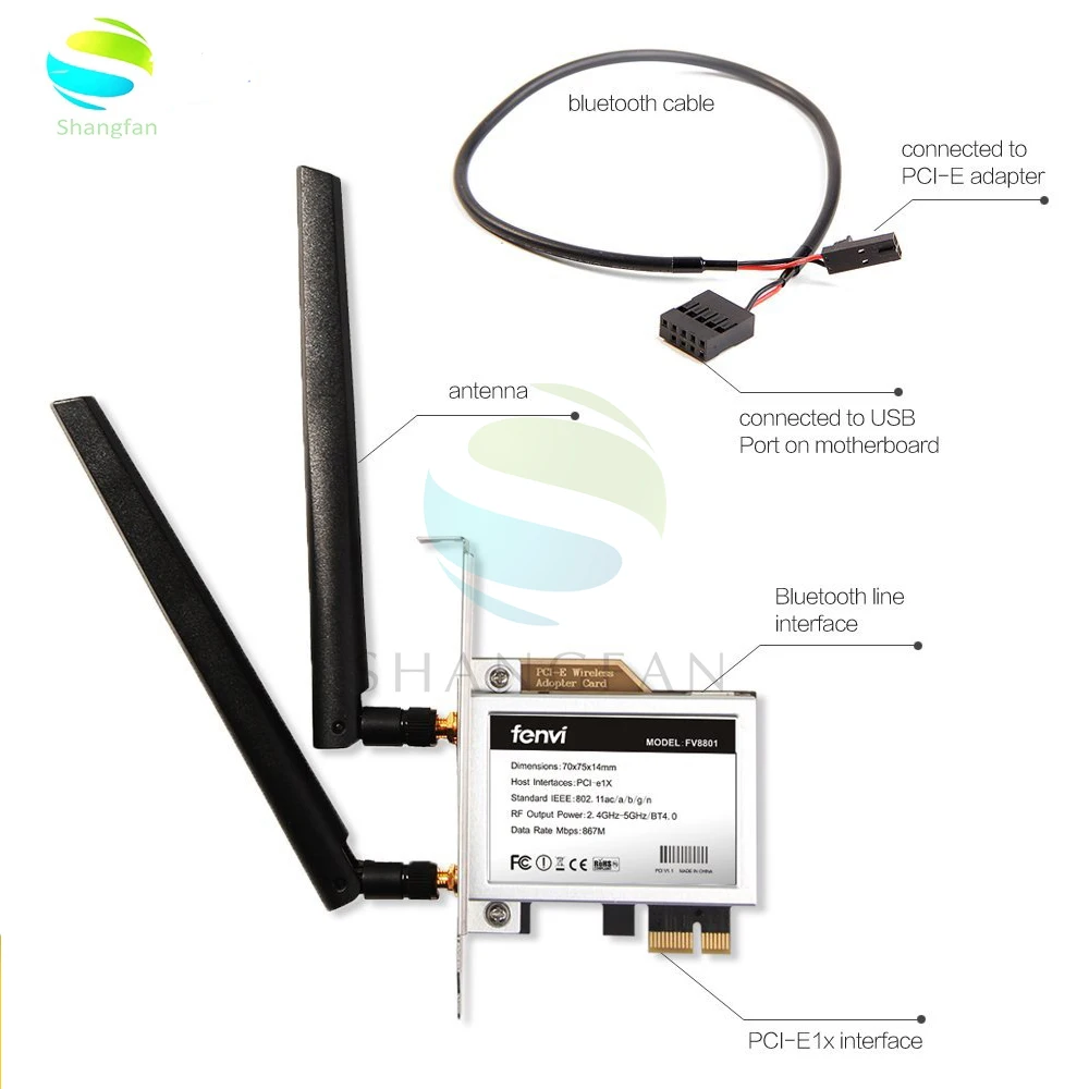 

Desktop Dual band 867Mbps 802.11ac Intel 7260 AC1200 Wireless PCI-E Wifi Bluetooth Card PCI Express Antenna Adapter Wi-fi+BT 4.0