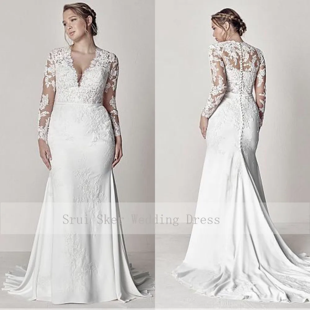Modest V-Neck Lace Wedding Dresses Long Sleeve Illusion Appliques Mermaid Plus Size Bridal Gowns 2019