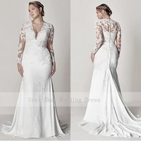 modest v neck lace wedding dresses long sleeve illusion appliques mermaid plus size bridal gowns 2019