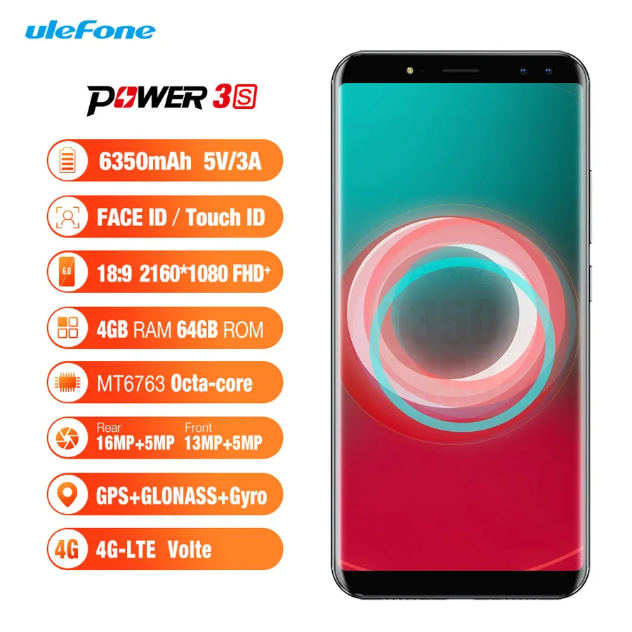 Ulefone power 3S Face ID 6 0 &quot18:9 дисплей 6350 мАч мобильный телефон MTK6763 Восьмиядерный 4 Гб ram 64