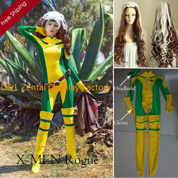 Костюм на Хэллоуин, X-men Rogue косплей костюм, желтый и зеленый Облегающий комбинезон из синтетической эластичной ткани костюм супергероя для женщин с париком