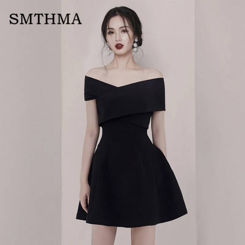 Photo Color SMTHMA новое женское сексуальное платье модное летнее платье с открытыми плечами Vestidos Женская одежда винтажные черные платья с высокой талией - Цвет: Photo Color