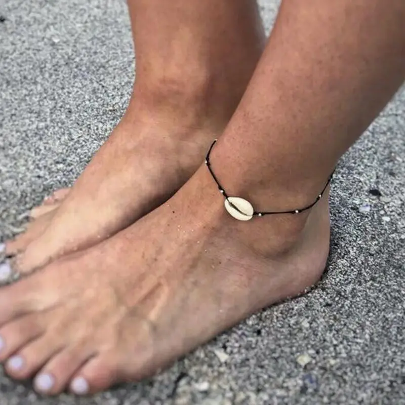 

Simple Black Rope Hand Made Beads Charm Shells Beach Ankle Bracelets For Women Fashion Exquisite Foot Jewelry Gift