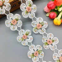 1 yd polyester flower rhinestones lace trim ribbon embroidered sewing fabric craft trimmings wedding dress apparel decoration