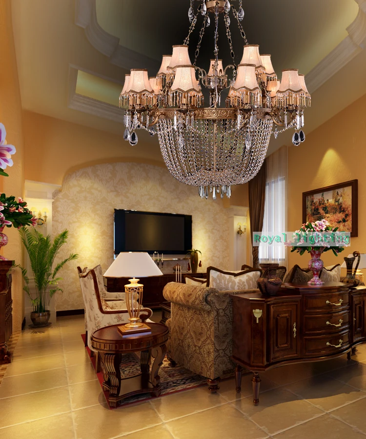 Villa Large Retro Bronze Chandelier Crystal Chandeliers lustre hotel Pure Copper lamp lampshade cristal Lustres E Pendentes Sala | Лампы и