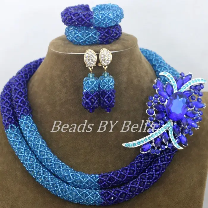 Fashion Mix Blue Crystal Beads Necklace Nigerian Wedding Braid Jewelry Sets Women African Beads Jewelry Set Free Shipping ABF597