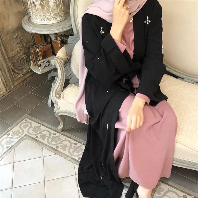 2020 модное мусульманское платье кимоно с аппликацией скромный длинный рукав