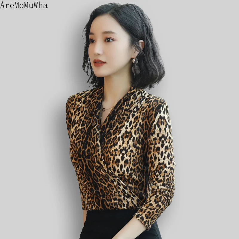 Женская леопардовая рубашка с длинным рукавом и V-образным вырезом | одежда