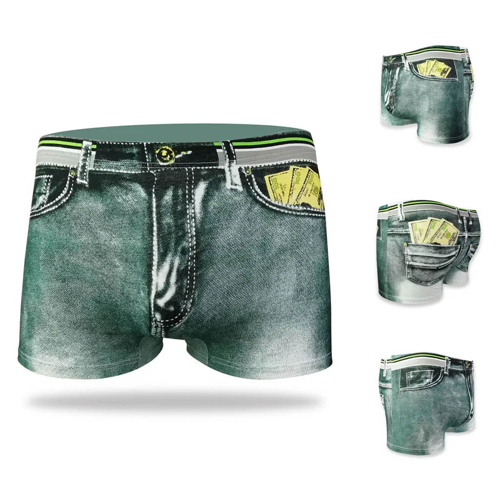 Fashion Men's Boxer Sexy Denim Printed Dollar Pocket Shorts Pants Underpants Male Panties Tрусы Mужские | Мужская одежда