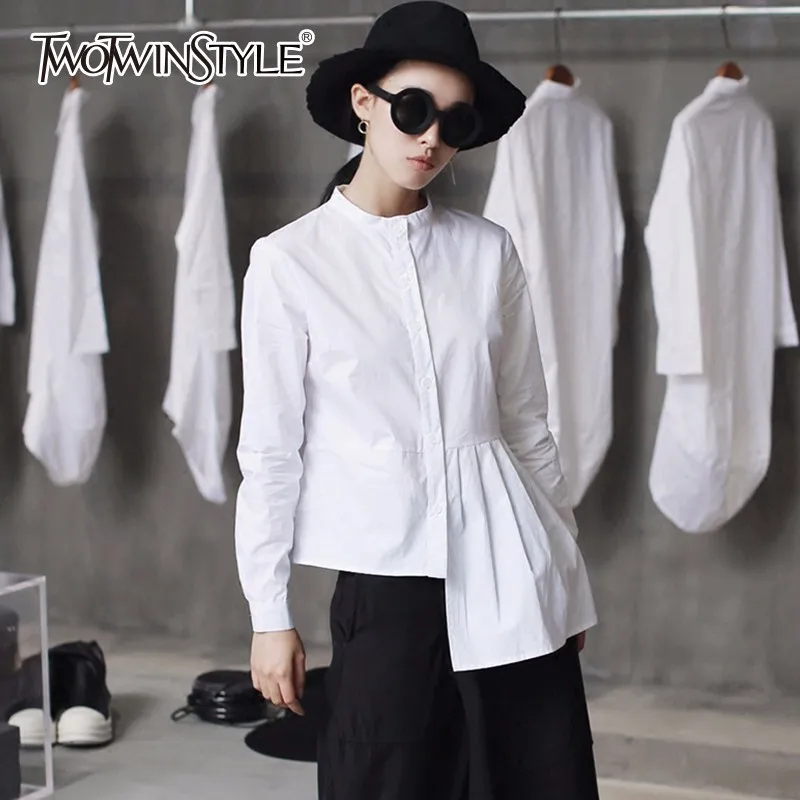 TWOTWINSTYLE белая женская рубашка лоскутное нерегулярные Ruched размера плюс блузки с длинным рукавом Топы Осенняя женская модная одежда