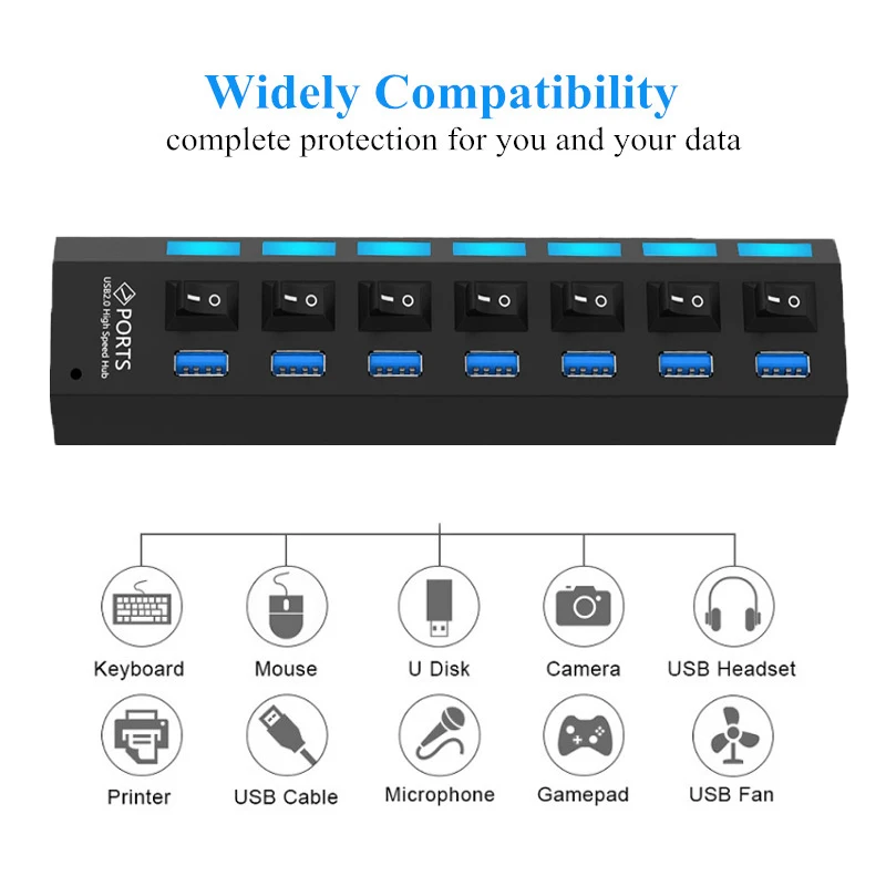 USB Hub 3 0 высокоскоростной 5 Гбит/с 7 портовый концентратор разветвитель вкл/выкл