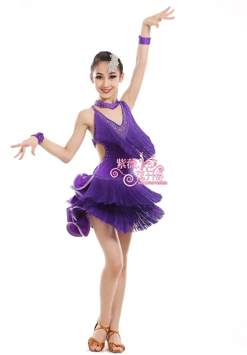 

New 2016 girls Sequin tassel Stage Performance Competition Cha Cha/Rumba/Samba/Ballroom Dance Costume Latin Dance Dress For Girl
