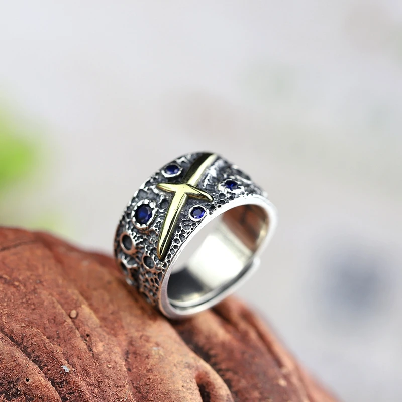 925 sterling silver cross blue zircon ring fashion personality gold rings for women men jewelry | Украшения и аксессуары