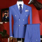 Мужские костюмы s с брюками, двубортные Новые поступления, облегающий мужской костюм, летняя одежда для жениха, синий блейзер в полоску, Брюки 6xl Plus