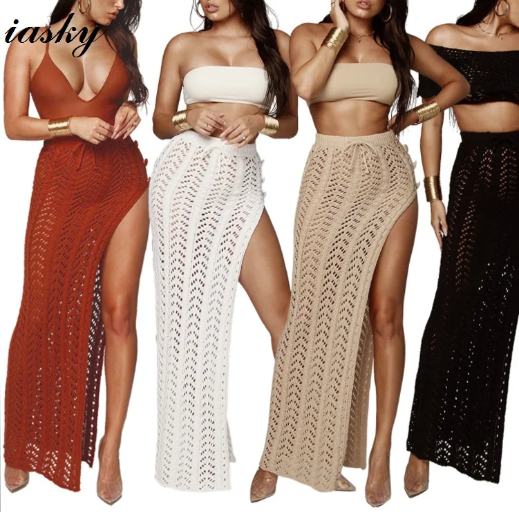 

IASKY 2018 New crochet high split beach long skirt sexy women hollow out bikini swimsuit cover ups beachwear cover up 4 colors