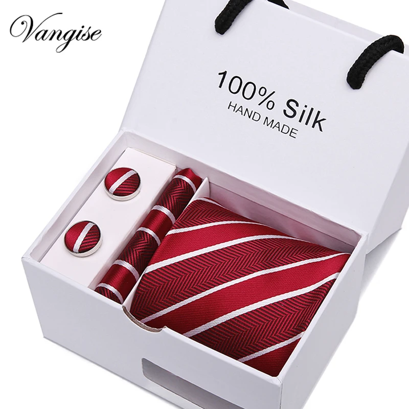 

New Design Tie Set With Gift Box Jacquard Woven gravata Silk Tie Hanky Cufflinks Necktie Sets For Wedding Party Men