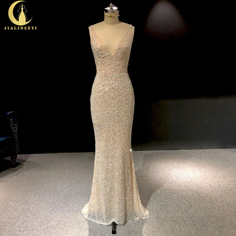 Платье женское длинное с глубоким V образным вырезом и бусинами|Вечерние платья| |