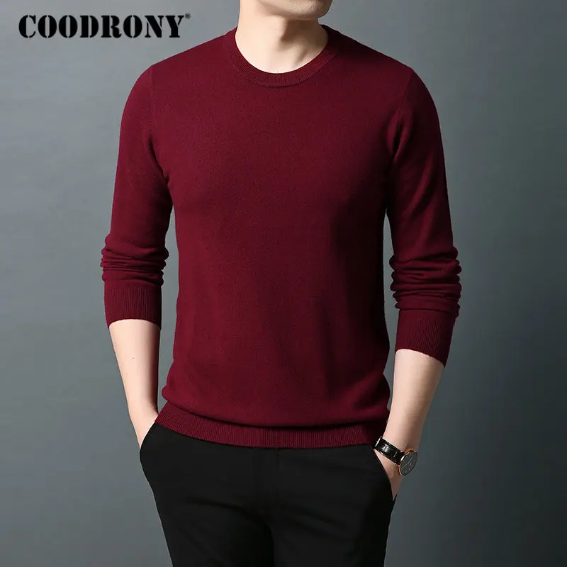 Бургундия Бренд COODRONY, мужской свитер из чистой мериносовой шерсти, мужские свитера, Осень-зима, толстый теплый кашемировый пуловер, Мужской пуловер с круглым вырезом 93015 - Цвет: Бургундия