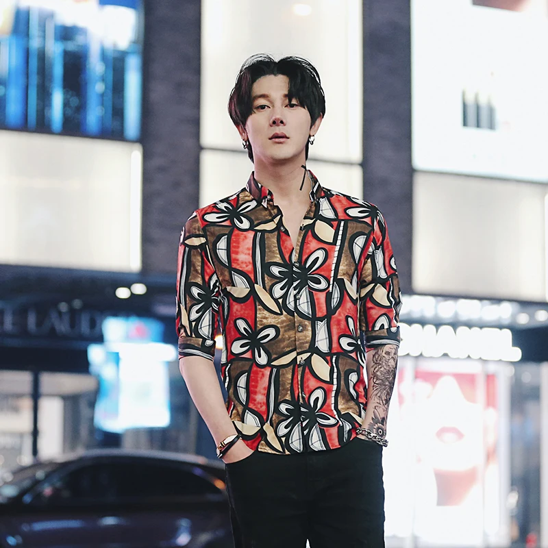 Мужская Облегающая рубашка в Корейском стиле с цветочным принтом и