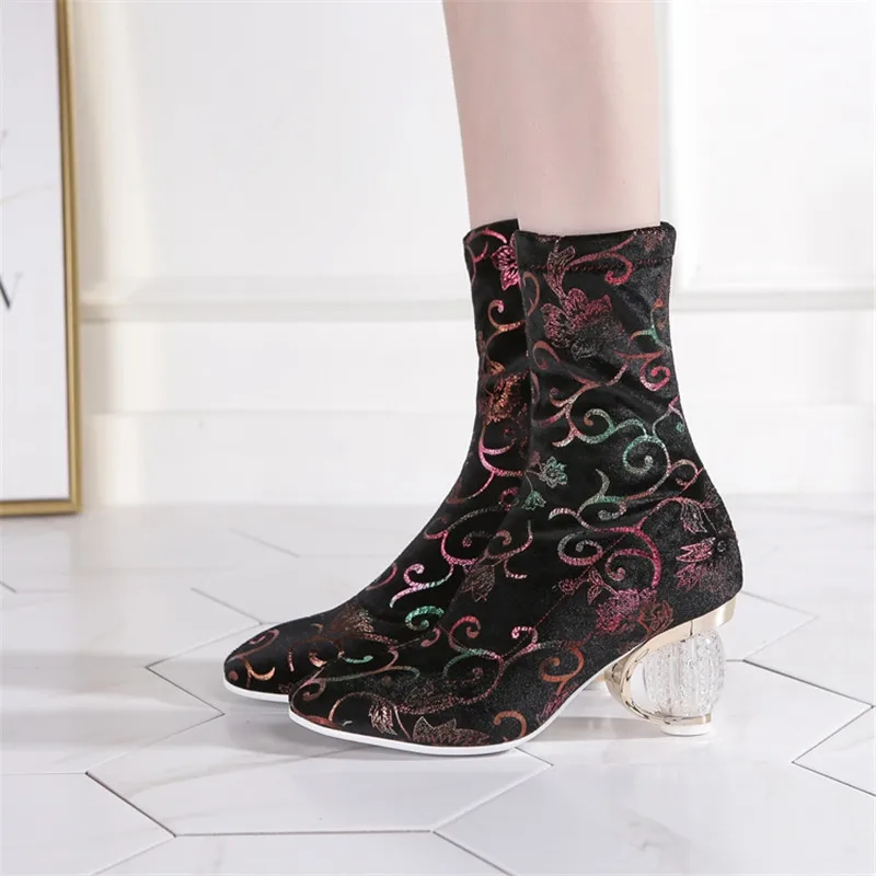 

MEMUNIA 2020 Newest women ankle boots slip on autumn high heels boots fashion print Stretch boots ladies party dress shoes