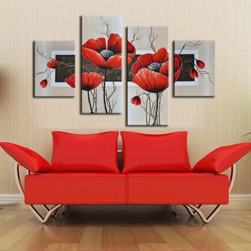 

Hand Painted Oil Paintings Red Beautiful Flower On Canvas Unframed Modern Abstract Picture 4 Panel Wall Art for Hotel Decoration
