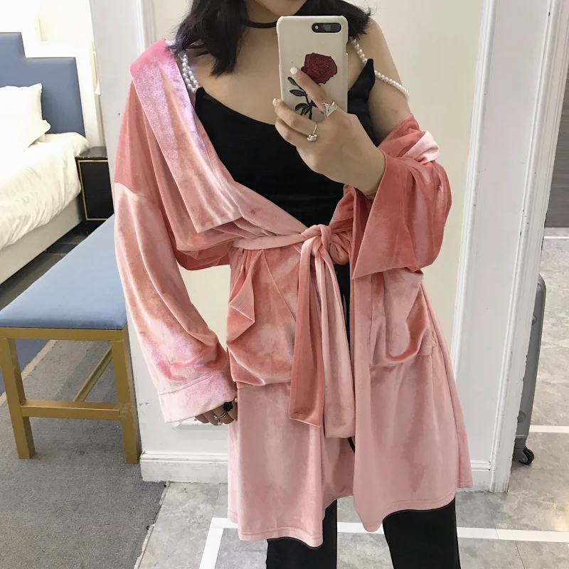 2017 Autumn New Lace Velvet Trench Coat for Women Korean Style Fashion Loose Solid Color Long Sleeve Wild | Женская одежда
