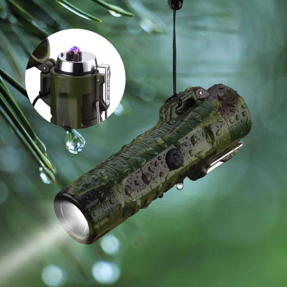 Usb светодиодный фонарик плазменная зажигалка, камуфляжные зажигалки, водонепроницаемый фонарь, двойная дуговая Зажигалка для мужчин, для кемпинга, для курения