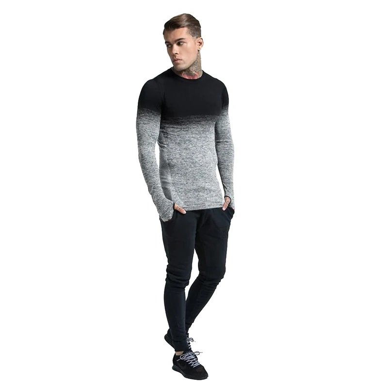 T Shirt Men Casual Fashion Long Sleeve Slim Fit Gradient Color O-Neck Summer Male Tee Tops EU Size M-3XL | Мужская одежда