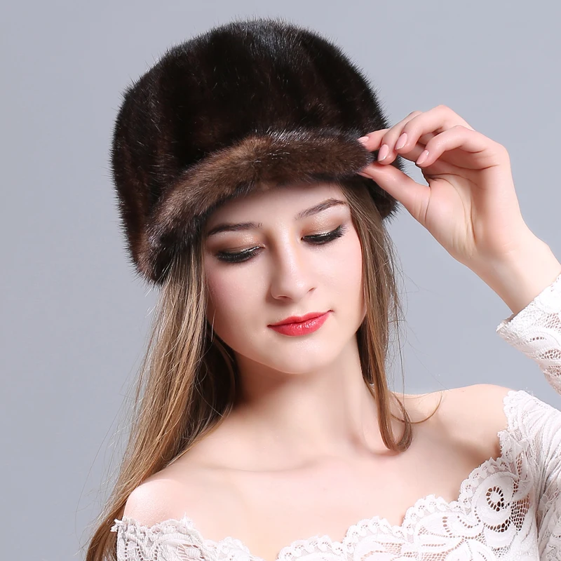 Женские меховые шапки, норковая меховая шапка вязаная, головные уборы для зимы, женские шапочки, модная Русская Шапка для женщин, эластичные вязаные шапки
