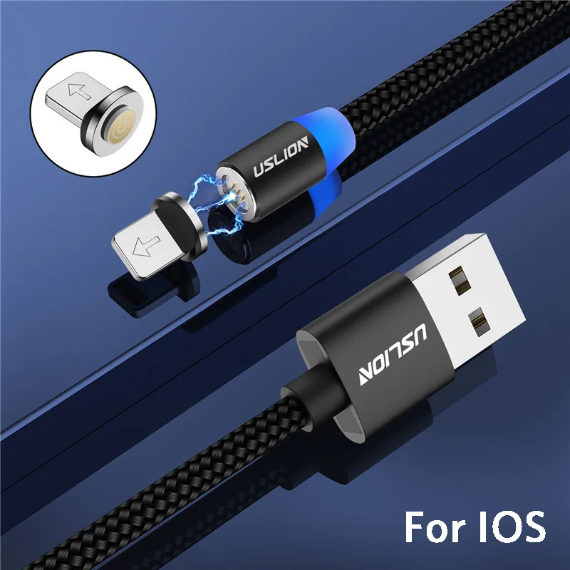 USLION 1 м Быстрая зарядка Магнитный Micro usb type-C кабель зарядное устройство для huawei P30 mate 20 Pro 3A светодиодный магнитный кабель usbc для передачи данных - Цвет: Black For iPhone