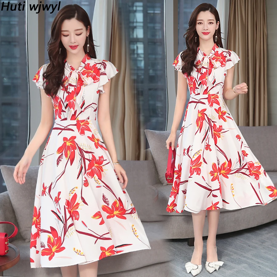 Новые летние цветочные шифон Boho Midi сарафан 2019 Винтаж 4XL плюс размеры печати