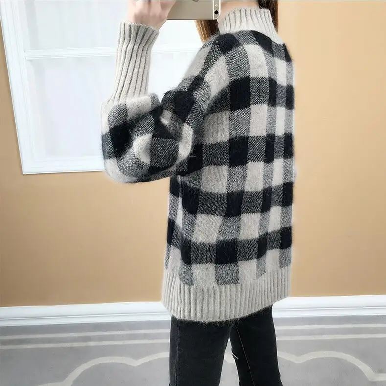 2020 Autumn Winter Women Plaid Knitted Sweater Long Sleeve High Neck Casual Pullover Jumper | Женская одежда