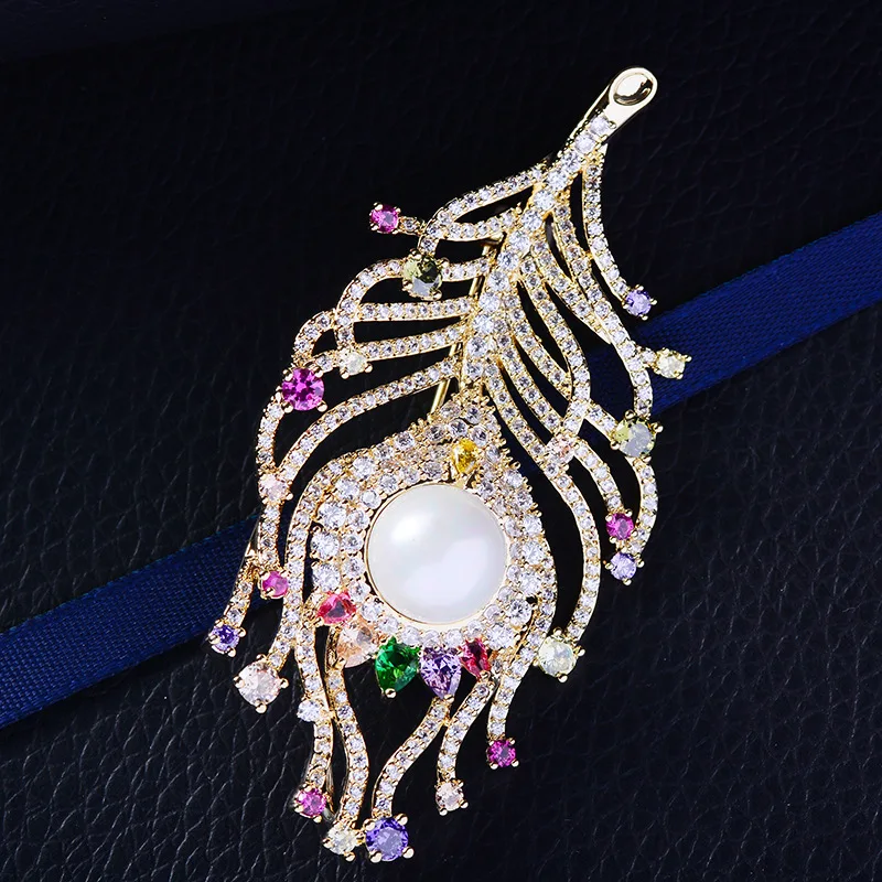 Elegant Cubic Zircon Pearl Feather Brooch Pin Women Party Bridal Wedding Jewelry 3175 | Украшения и аксессуары