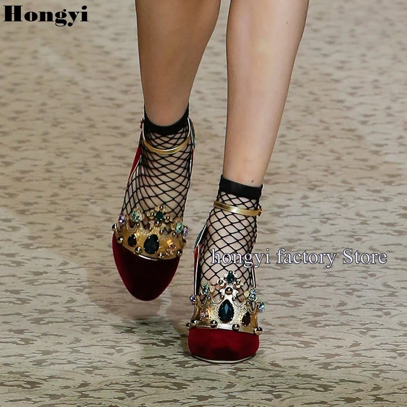 

Luxury Jewel Red Suede Leather Vintage Design Crystal Block Heeled Ankle Wrap Women Sandals With Rivet pumps