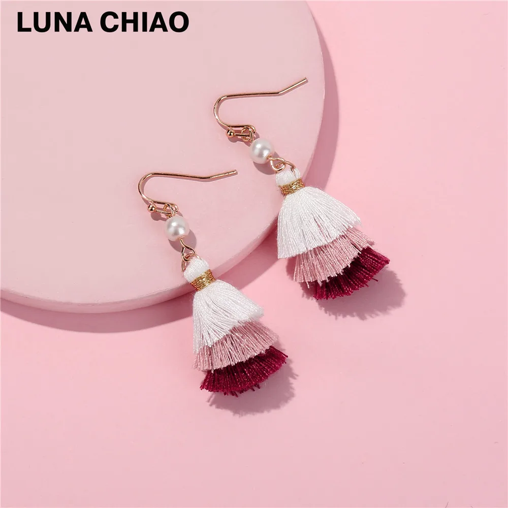 Женские мини серьги LUNA CHIAO разноцветные Многослойные хлопковые с кисточками и