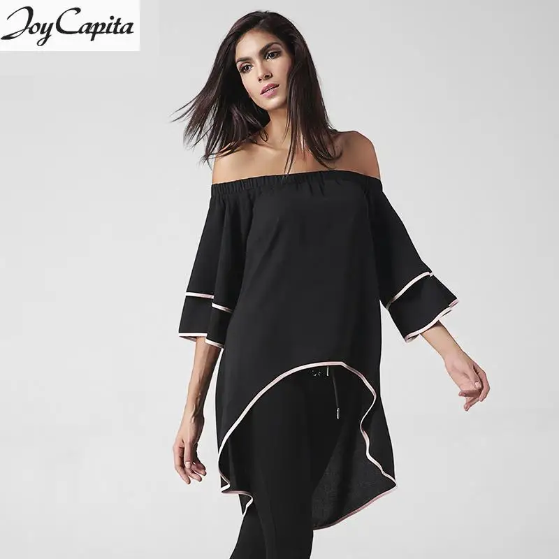 Joy Capita Women Chiffon Blouses 2017 Black Off Shoulder Summer Tops Plus Size Slash Neck Blusas Mujer Camisas Manga Larga |