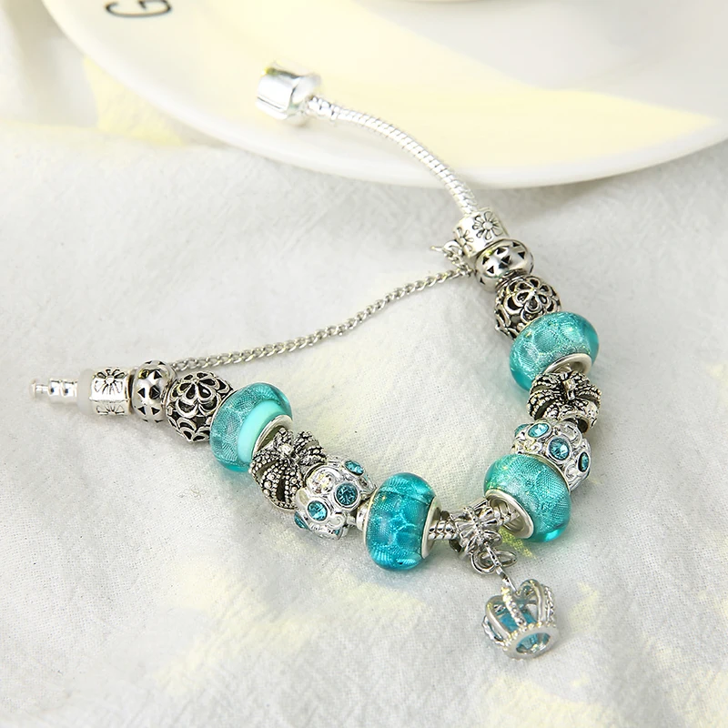 

HOMOD 2019 New European Fashion Jewelry Crown Charm Bracelets & Bangles Blue Beads fits Brand Bracelets for Woman
