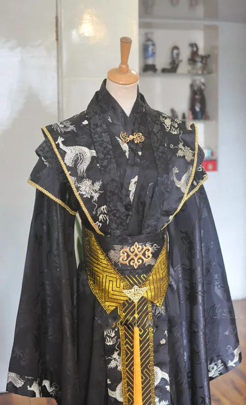 Черный золотой мужской костюм с хвостом для костюмированной вечеринки Hanfu