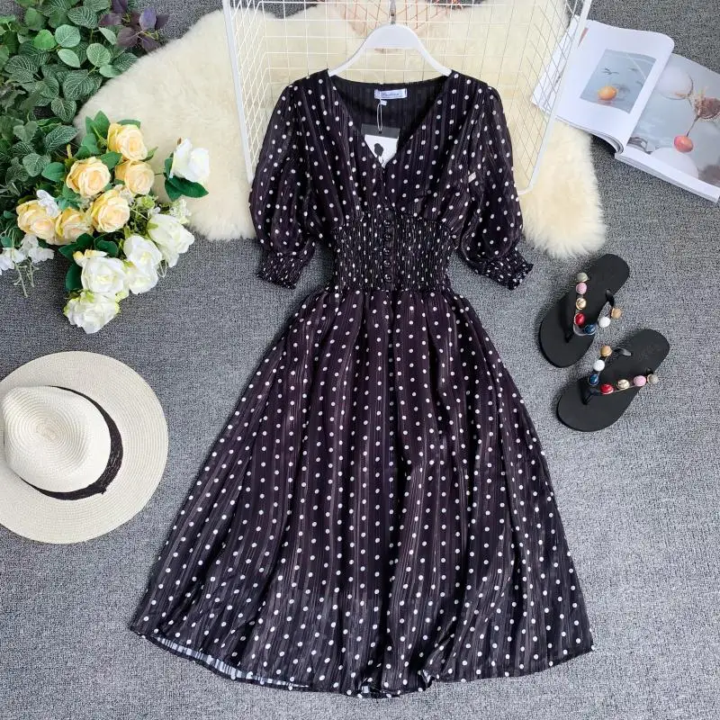 2019 новые модные женские платья французская ниша Ретро dot platycodon женское платье с v