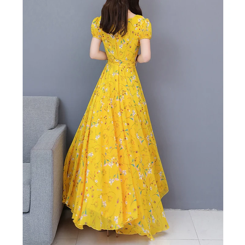 

2019 Summer New Women Dress Elegant Short-Sleeve V-Neck Chiffon Floral Female Print Long Dress Big Swing Beach Boho Dress 4XL