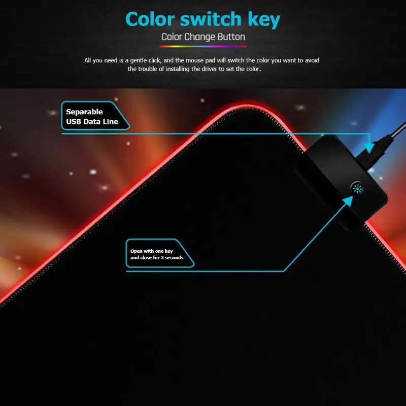 Большой светодиодный RGB коврик для мыши USB Проводное резиновое освещение игровой