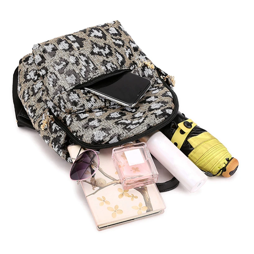 Aelicy Satchel Women Leopard Print Sequin Fashion Small Backpacks Lady Travel Zipper Shoulder Backpack + Clutch Bag 2pcs | Багаж и сумки