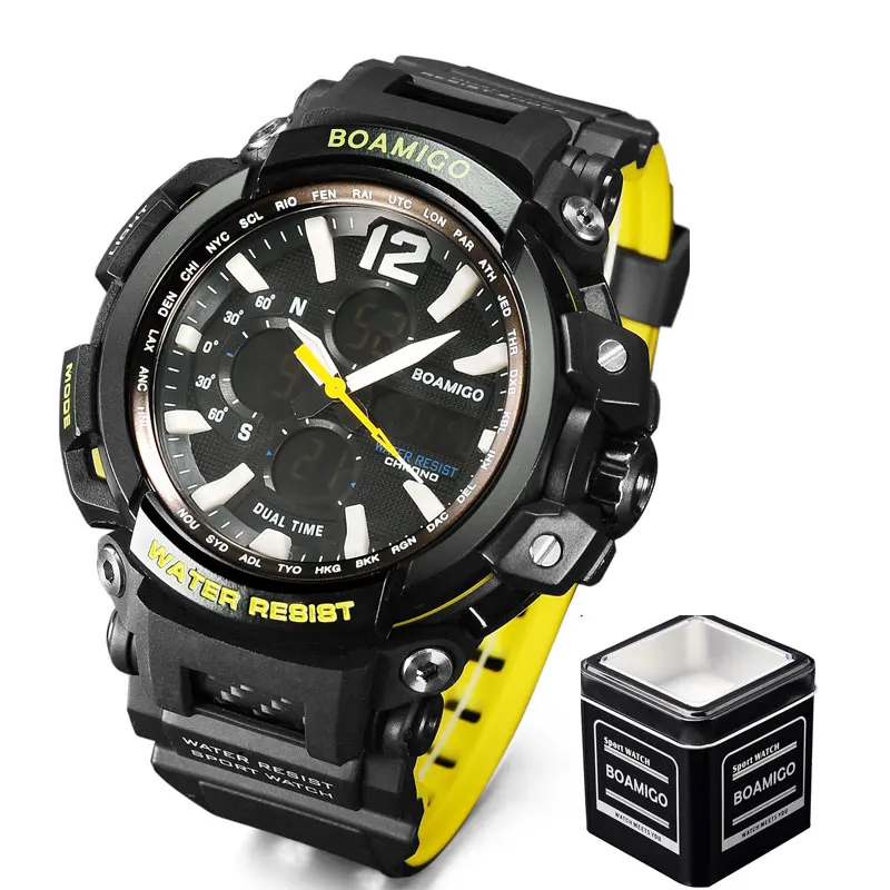 black yellow box Бренд BOAMIGO, мужские спортивные цифровые аналоговые часы, мужские светодиодный часы с двойным временем, водонепроницаемые ударные наручные часы, мужские часы - Цвет: black yellow box