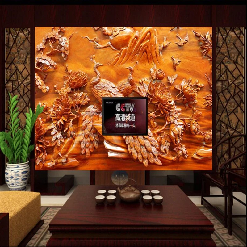 beibehang Custom 3d wallpaper atmosphere phoenix flower bird mood wood carving murals sofa TV living room background wall | Обустройство