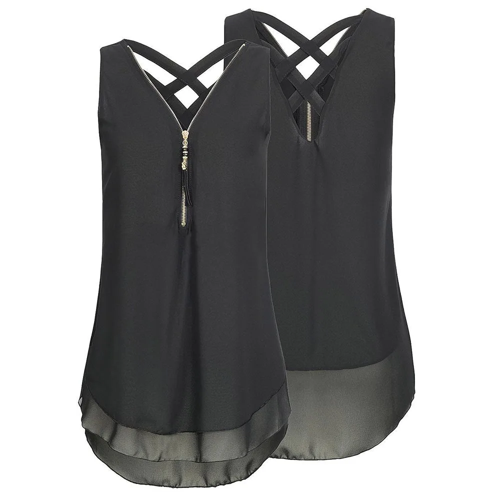 Loneyshow Zipper Cross Chiffon Shirt 2018 Sexy Women Summer Office Style Sleeveless Patchwork V-Neck |
